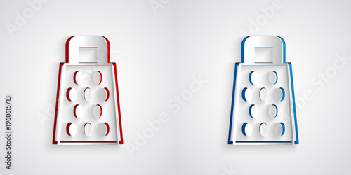 Paper cut Grater icon isolated on grey background. Kitchen symbol. Cooking utensil. Cutlery sign. Paper art style. Vector