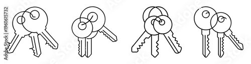 black and white line art representation of multiple sets of house keys