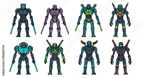 Collection of Futuristic Mechanical Warrior Robots in Diverse Colors and Designs Standing Ready for Action