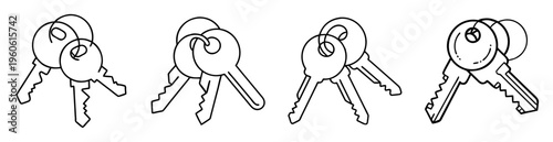 Black and white line drawing of sets of keys on a surface