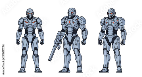 Three futuristic armored soldiers standing in formation with one holding a weapon a military sci fi concept art presentation