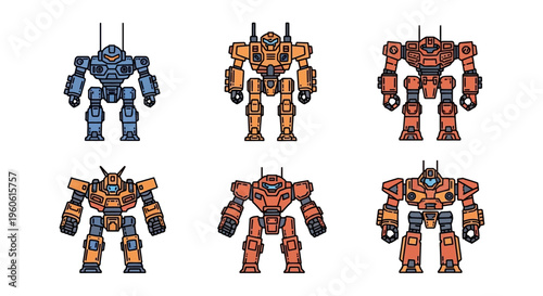 Collection Of Six Distinct Robotic War Machines In Various Colors Blue Orange Red With Antennas And Detailed Armor Ready For Combat Scenarios