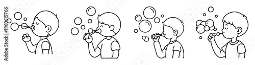 Line art illustration depicting boys in various stages of blowing bubbles