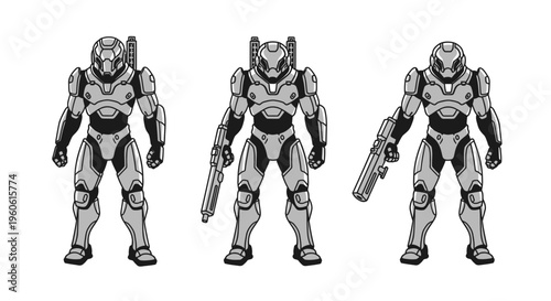 Three Futuristic Soldier Characters in Advanced Combat Armor with Weapons Standing Ready for Battle on White Background