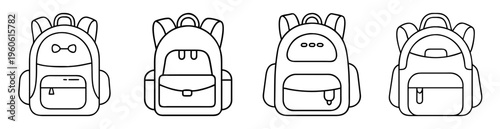 Black and white outline illustration of a set of four different backpacks