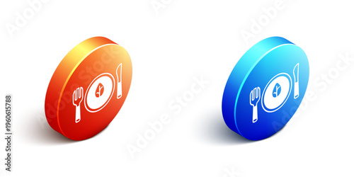 Isometric Vegan food diet icon isolated Isometric background. Organic, bio, eco symbol. Vegan, no meat, lactose free, healthy, fresh and nonviolent food. Orange and blue circle button. Vector