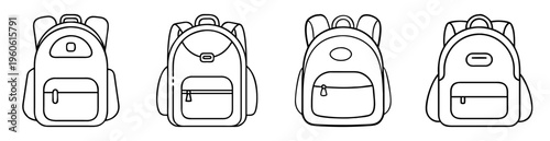 Four simple line drawing designs of different shaped backpacks with straps