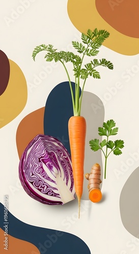 Vegetable Cabbage Carrot design featuring a minimalist art illustration in a modern aesthetic style for kitchen decor and healthy food themes