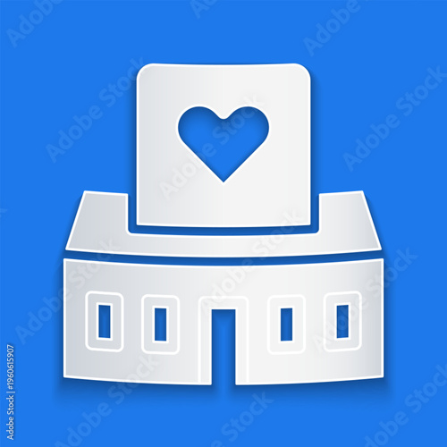 Paper cut Volunteer center icon isolated on blue background. Paper art style. Vector