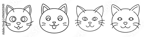 Four cute cat heads, outlined in black and white, a playful collection