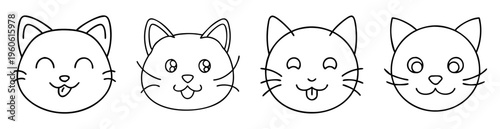 Four outline style cartoon cat faces with various expressions and features