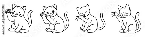 Four adorable cartoon cats in different poses in black and white