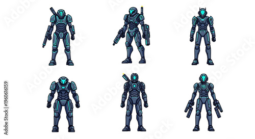 Six Futuristic Armored Warriors Standing Ready With Advanced Weapons In A Sci Fi Concept Collection For Gaming Or Military Themes