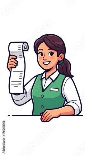 Male Shop Assistant Cashier Holding Bill Illustration with Professional Apron and Friendly Smile Character Design