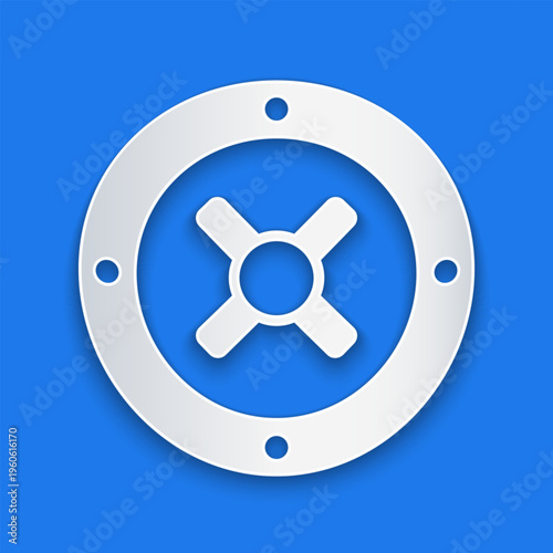 Paper cut Safe icon isolated on blue background. The door safe a bank vault with a combination lock. Reliable Data Protection. Paper art style. Vector