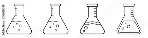 Illustration of black and white scientific Erlenmeyer flasks with graduated scales