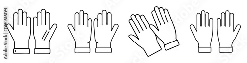 Multiple pairs of protective gloves arranged in a row, presented as line art