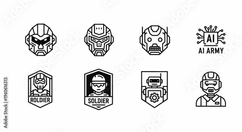 A detailed collection of vector line art designs, showcasing robotic and human soldiers, futuristic AI army symbols, emblem badge, minimalist outline art with a monochrome aesthetic for tech