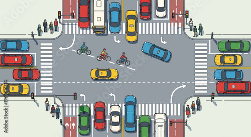 Busy city intersection with cars, cyclists, and pedestrians in traffic jam
