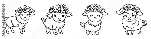 Cute outline illustration of four lambs wearing flower crowns on white background