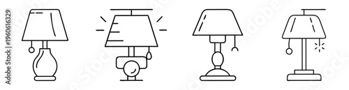 Illustration depicting four stylized table lamps with varying designs and light effects