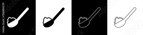 Set Spoon with sugar icon isolated on black and white background. Teaspoon for tea or coffee. Vector
