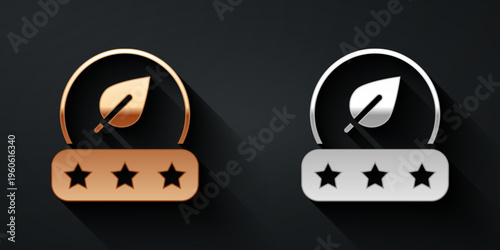 Gold and silver Tea leaf icon isolated on black background. Tea leaves. Long shadow style. Vector