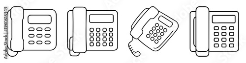 Four line art drawings of telephone sets with landline handsets