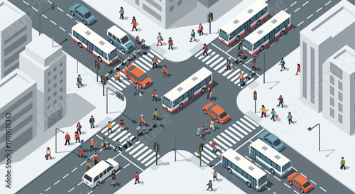 Busy City Intersection with Traffic and Pedestrians