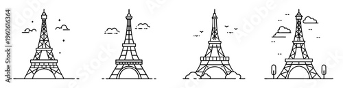 Four minimalist line art drawings of the Eiffel Tower with cloud details