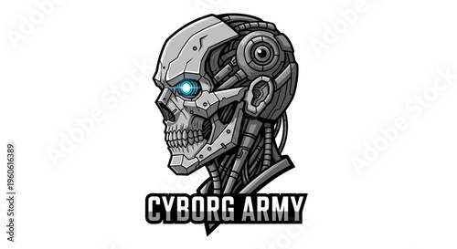 Intricate Line Art Cyborg Head with Glowing Blue Eye and Mechanical Detailing, Depicting Futuristic Cybernetic Transhumanism, Ideal for Logo or Emblem Design on White Background.