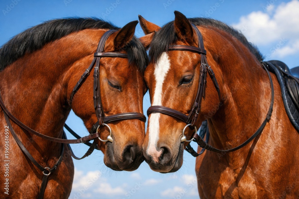 Fototapeta premium Bay horses touching heads in affectionate pose, pair of brown stallions with leather bridles, equestrian portrait of two horses outdoors