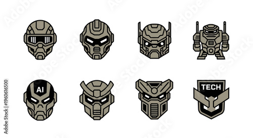 A detailed collection of stylized robotic head designs and a tech-related badge, featuring various futuristic mech concepts, presented in a minimal, professional, and symmetrical line art ar