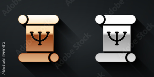 Gold and silver Psychology book icon isolated on black background. Psi symbol. Mental health concept, psychoanalysis analysis and psychotherapy. Long shadow style. Vector