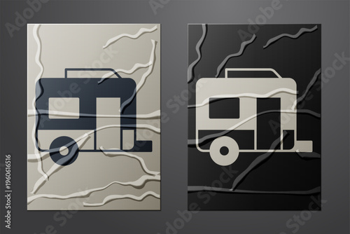 White Rv Camping trailer icon isolated on crumpled paper background. Travel mobile home, caravan, home camper for travel. Paper art style. Vector