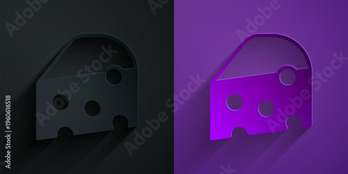 Paper cut Cheese icon isolated on black on purple background. Paper art style. Vector
