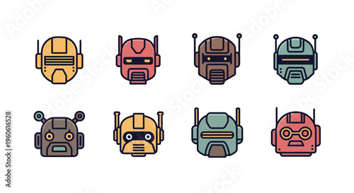 A vibrant and symmetrical collection showcasing diverse robot head designs, boasting retro-futuristic aesthetics with a clean, vector-based style, ideal for technological, science fiction, a