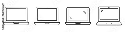 Four stylized black and white laptop computers in simple line art design