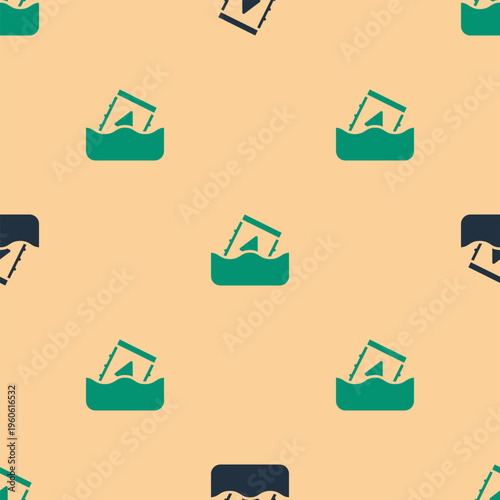 Green and black Radioactive waste in barrel icon isolated seamless pattern on beige background. Toxic waste contamination on water. Environmental pollution. Vector