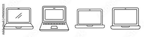 Black and white illustration featuring four different laptop computer designs, outline style
