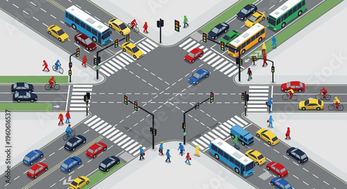 Busy City Intersection with Traffic and Pedestrians, Urban Transportation and Commute