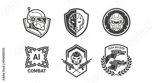 A detailed collection of artistic monochrome emblems and logos, showcasing a futuristic robot soldier and AI combat concept, incorporating shield shapes, circles, and ornate designs, suitabl