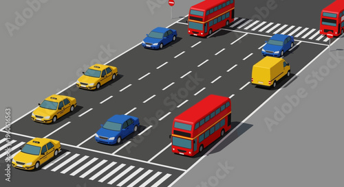 City Traffic Intersection with Buses, Taxis, Cars, and Vans on Road