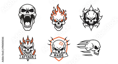 A detailed and dynamic set of six line art skull emblems, each showcasing different expressions and effects such as fire, speed, and anger for graphic design and thematic visual content need