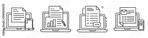 Document Management on Digital Devices, showing data analysis and communication symbols