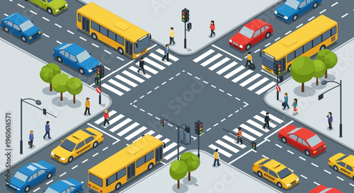 Busy City Intersection with Traffic and Pedestrians