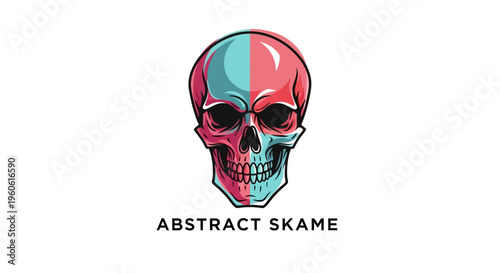 Vibrant, symmetrical skull design featuring a split color scheme of turquoise and pink, resembling a modern logo, perfectly centered against a clean white backdrop, ideal for creative applic
