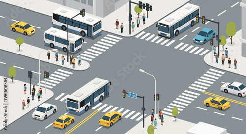 Busy City Intersection with Traffic, Buses, Cars, and Pedestrians