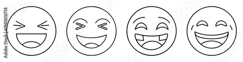 Four simple cartoon laughing emojis in a single line art graphic