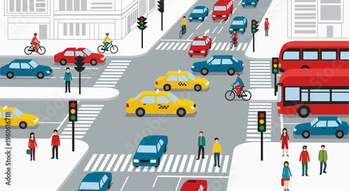 Busy City Intersection with Traffic, Cars, Taxis, Buses, Cyclists, and Pedestrians